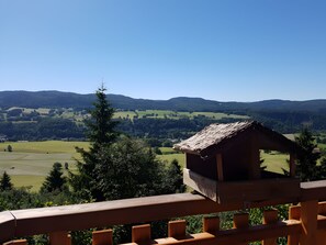 A wooden deck with a birdhouse and a view of a green landscape with hills. - Chalet "Le Cocon": Mountain View, Private Terrace & Wi-Fi (Foncine le Haut)
