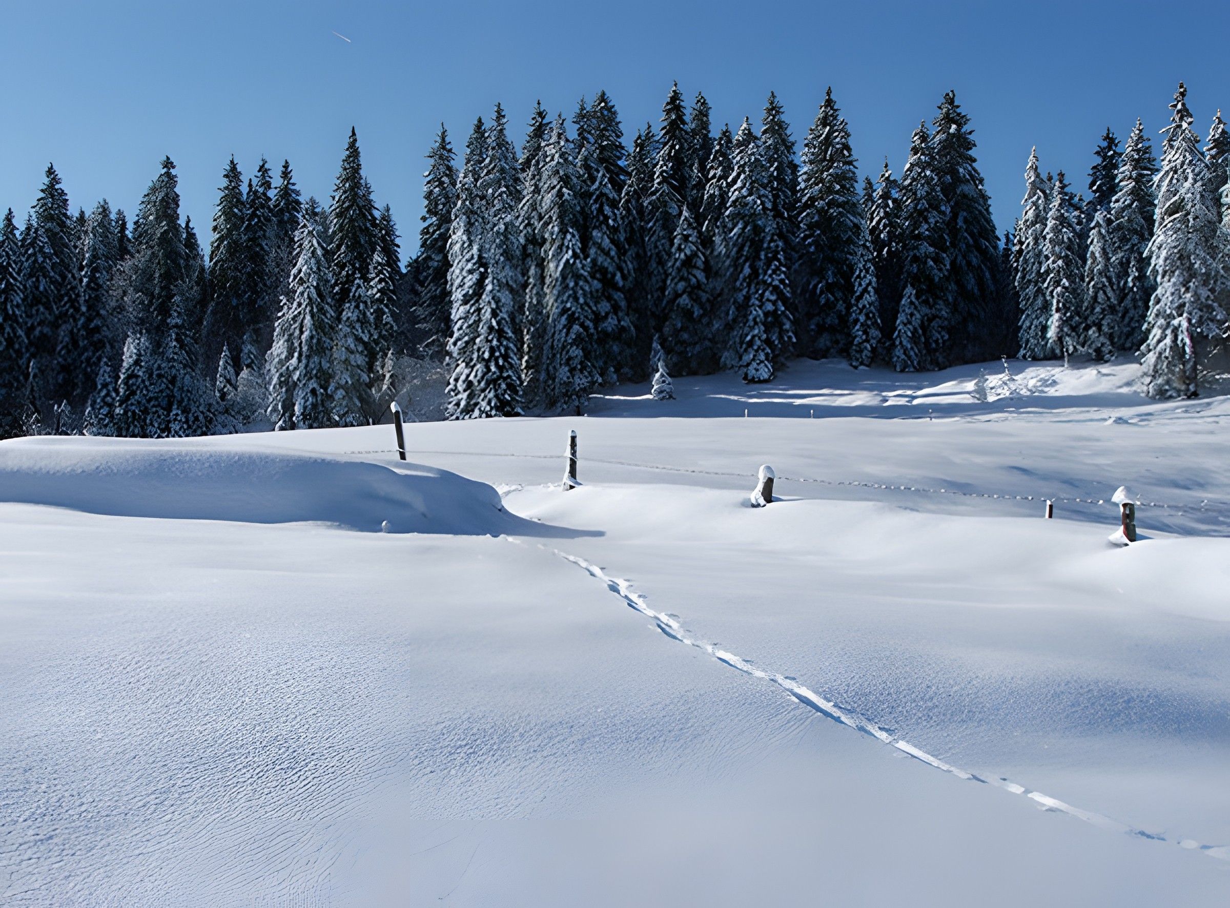 A snowy landscape with a clear sky, a snow-covered slope, and a line of evergreen trees.