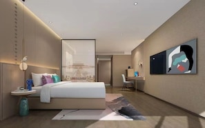 A modern hotel room with a bed, a desk, and artwork on the walls. - The Skytel Beijing Aoyu (Daxing)