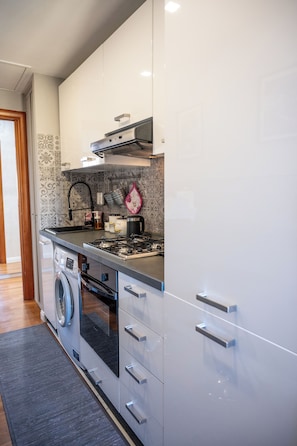 A modern kitchen with stainless steel appliances, a built-in oven, and a washing machine. - Vrbo Property (Roma)