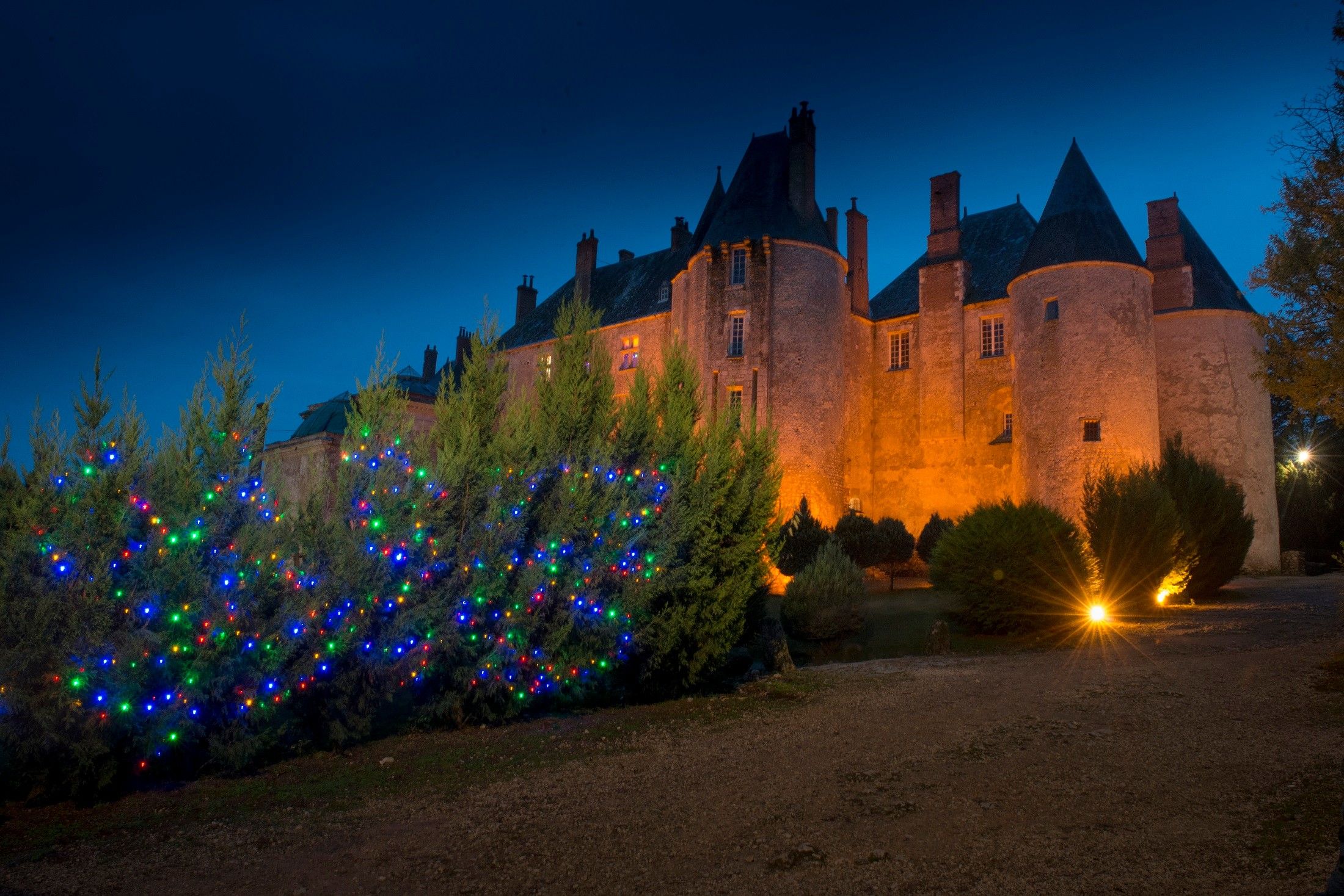 A castle with a moat, illuminated by warm lights, and surrounded by trees decorated with colorful lights.