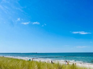 En strand med klart himmel, en bro i det fjerne og mennesker, der nyder vandet.