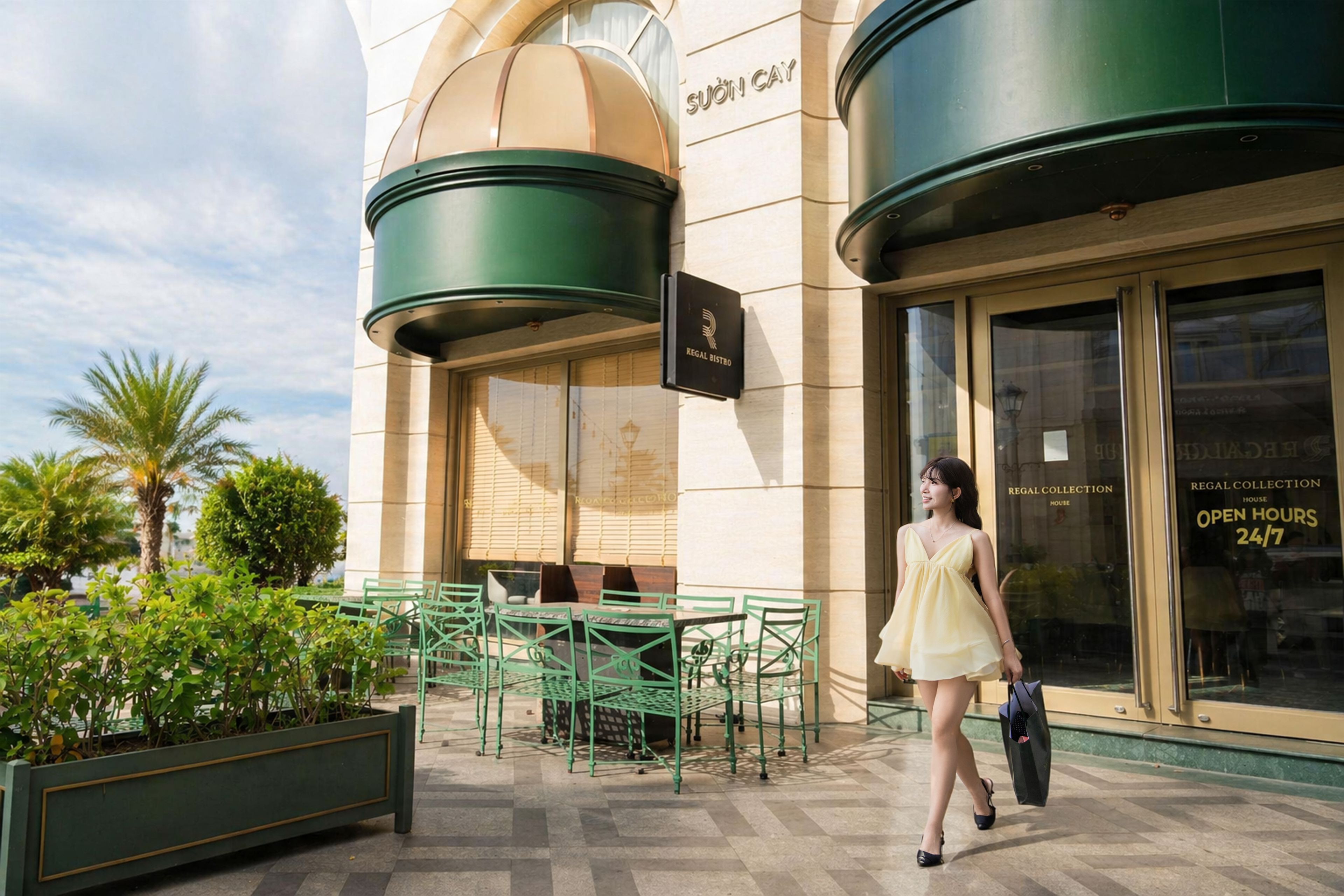 A building with a sign that reads 'SUON CAY' and a sign for 'REGAL BISTRO' outside.