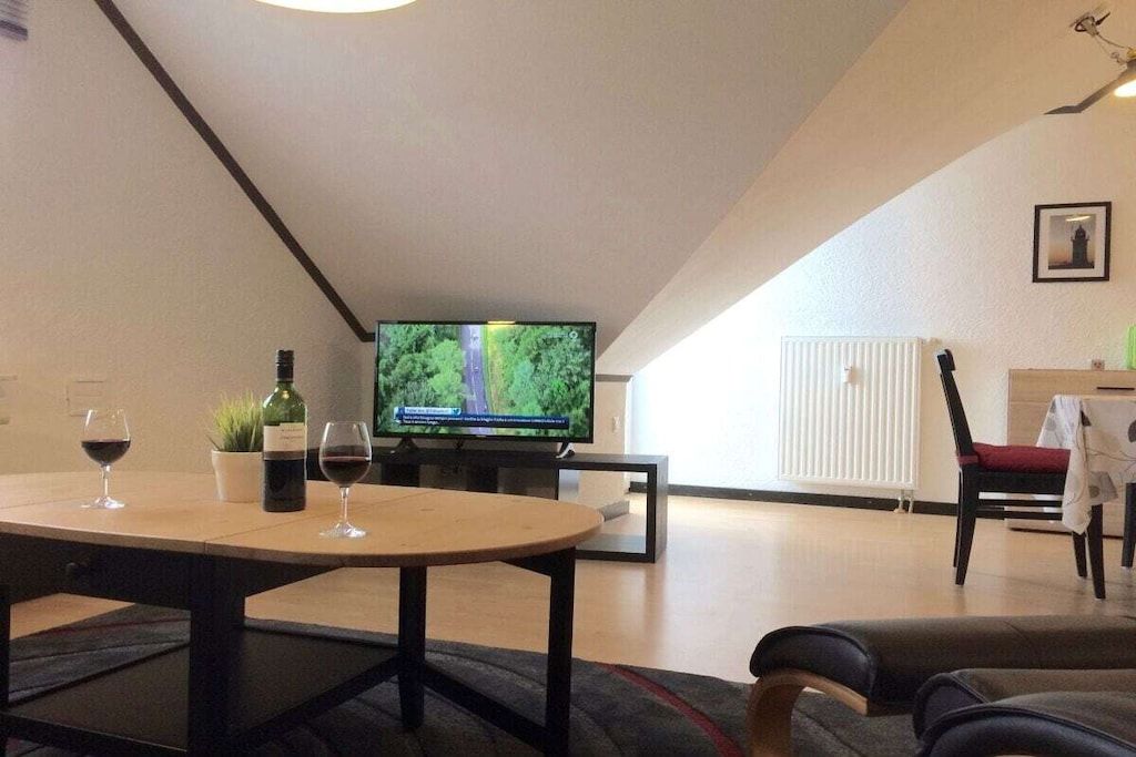 A modern living room with a television, a dining table with wine glasses, a potted plant, and a radiator.