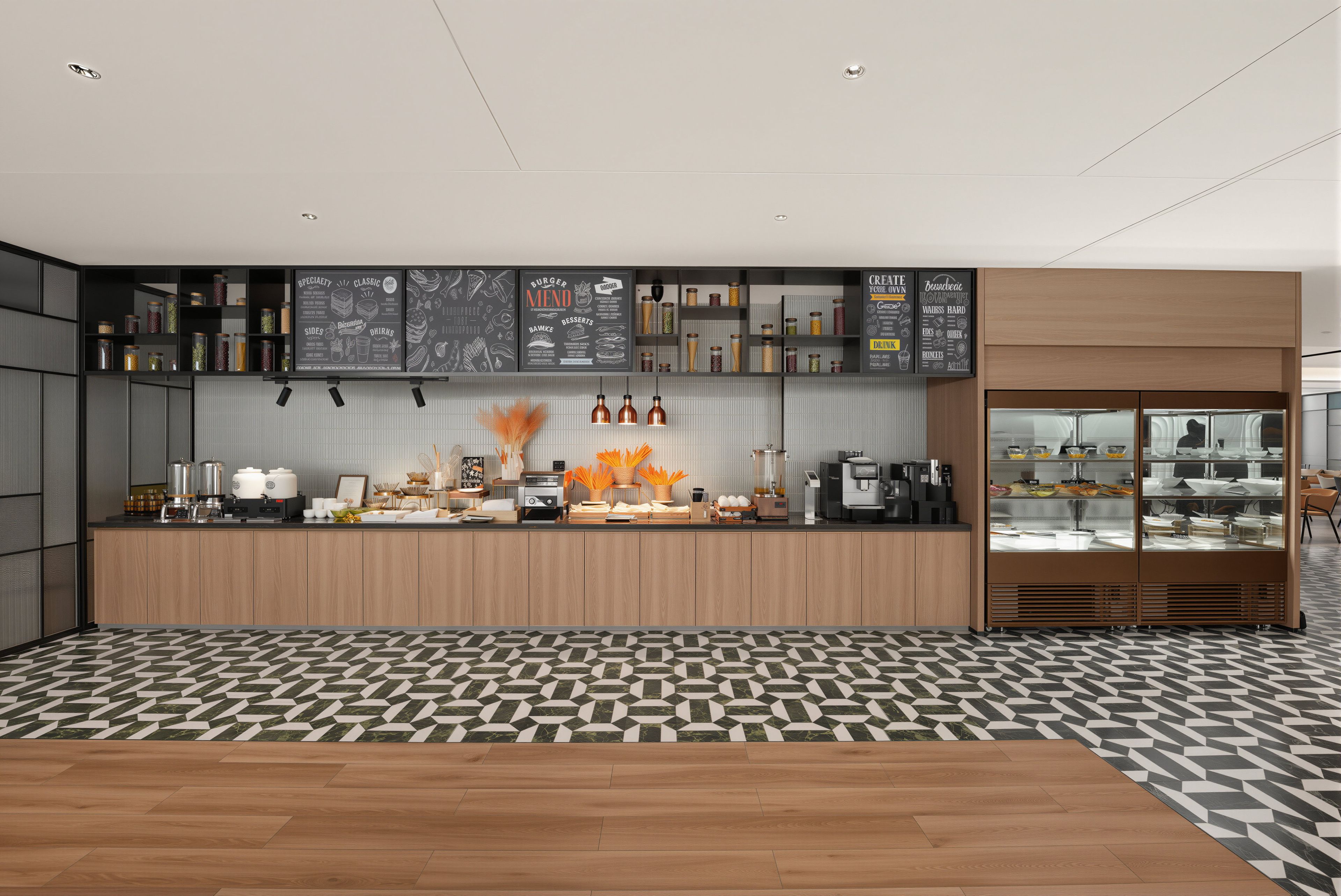 A modern kitchen with a central island, overhead menu boards, and a coffee machine.
