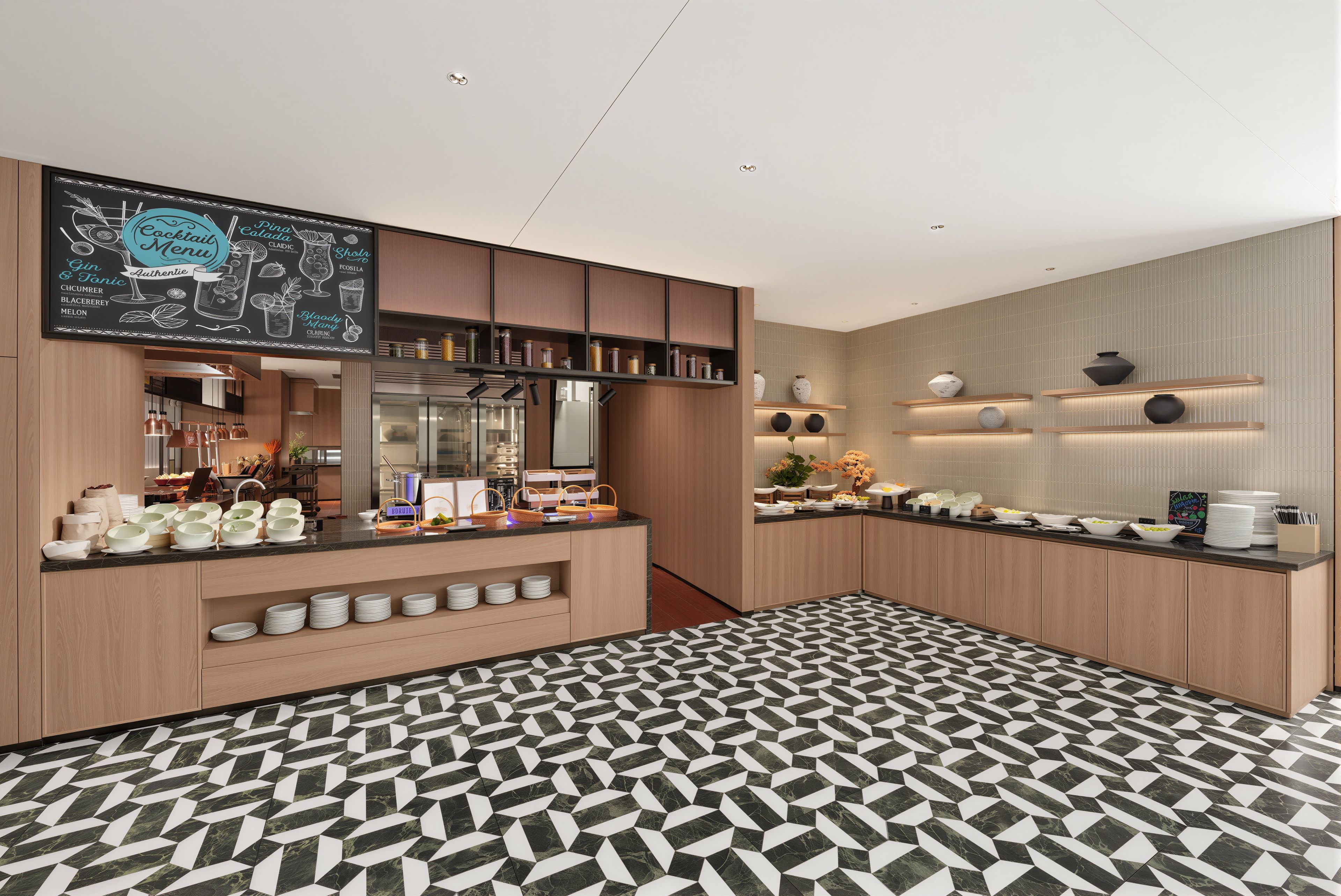 A modern kitchen with a chalkboard menu, wooden cabinets, and a patterned floor.