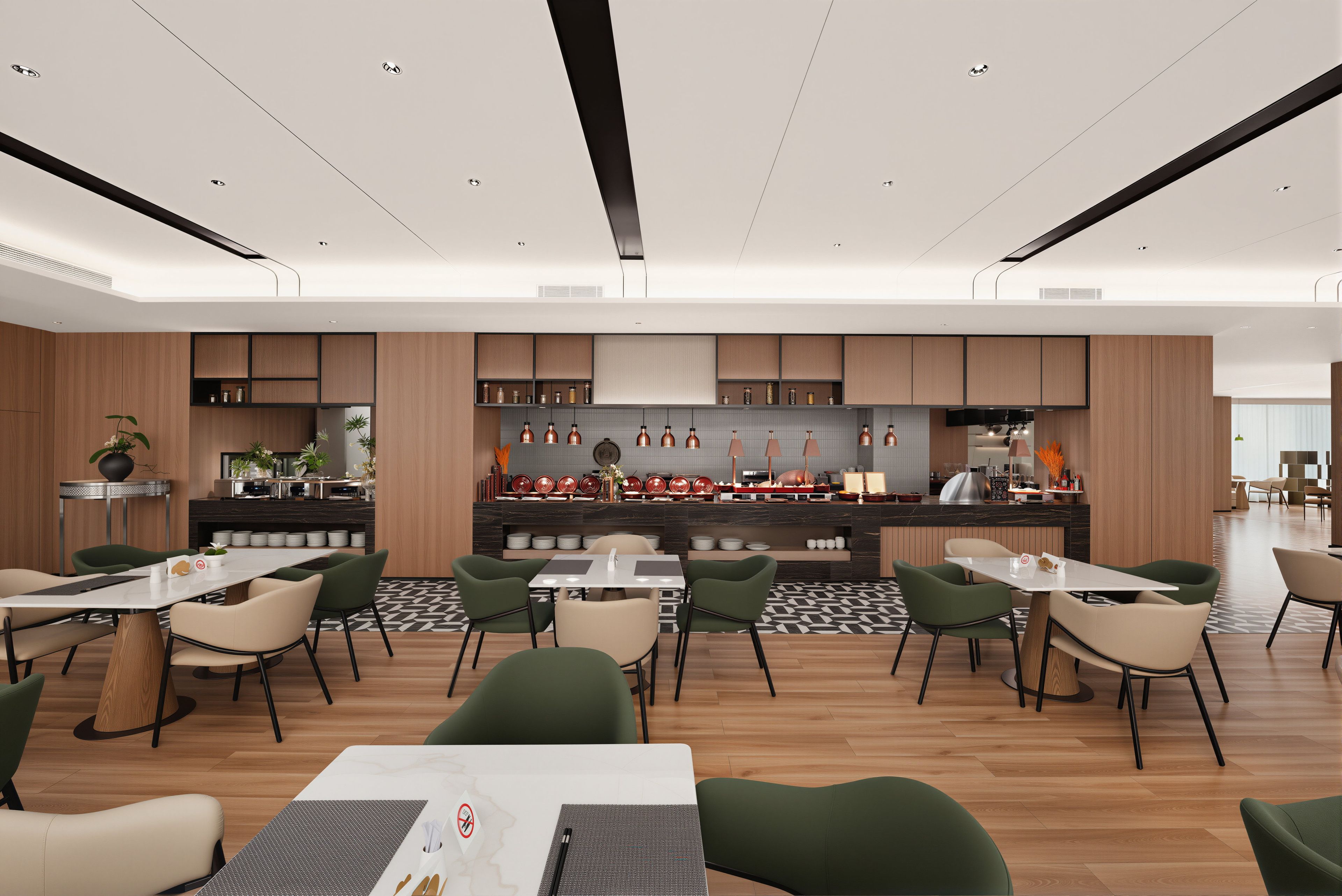 Un restaurante moderno con barra central, varias mesas y sillas.