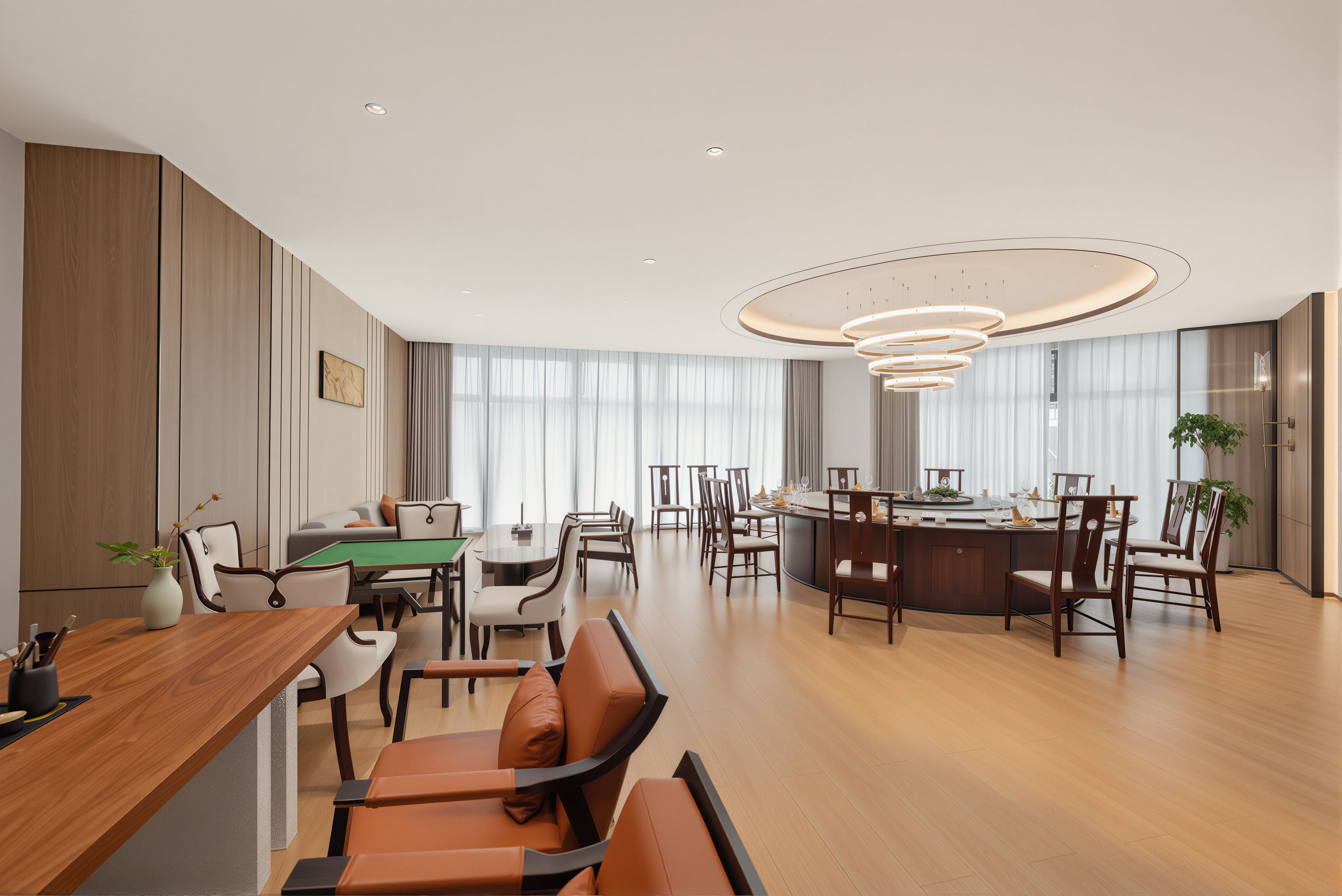 A modern dining area with a pool table, multiple dining tables, and chairs.