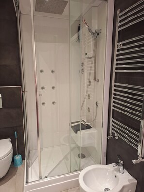 Casa de banho moderna com chuveiro separado por vidro, lavatório branco e barra de toalhas.