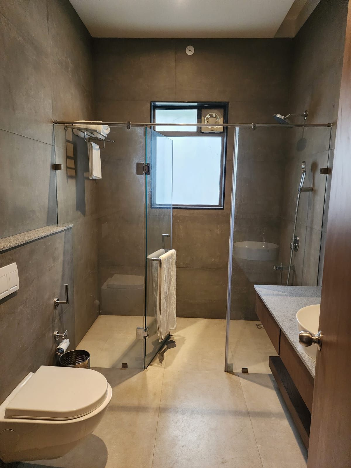 A modern bathroom with a glass-enclosed shower, a toilet, a sink, and a large mirror.