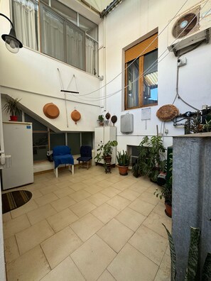 Um espaço de estar compacto com cozinha compacta, uma cadeira azul, um armário branco e diversas plantas em vasos.