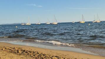 A beach with a sandy shore and several sailboats in the water.