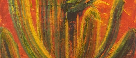 A painting of a cactus with a textured background.