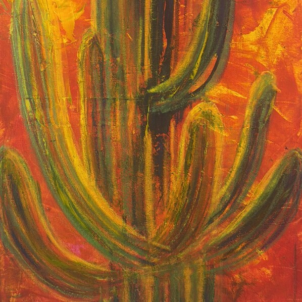 Un tableau représentant un cactus sur un fond texturé.