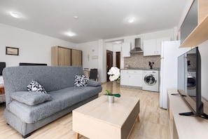 A modern living room with a grey sofa, a coffee table, and a kitchen area with a washing machine. - Home2Book Betty Modern Studio in Puerto (Puerto del Rosario)