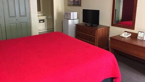 Una camera d'albergo con un letto, una televisione, un comò, uno specchio e angolo cottura.