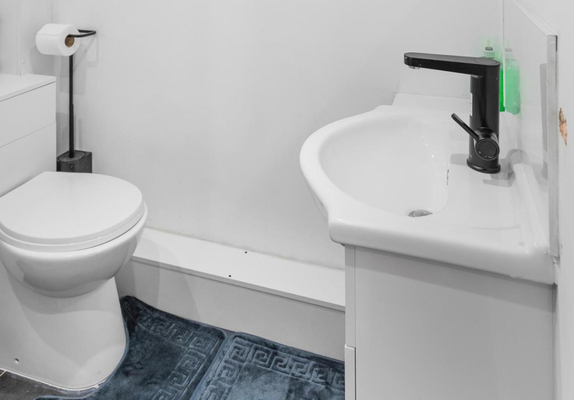 Un bagno con un water, un lavandino e un porta rotolo di carta igienica.