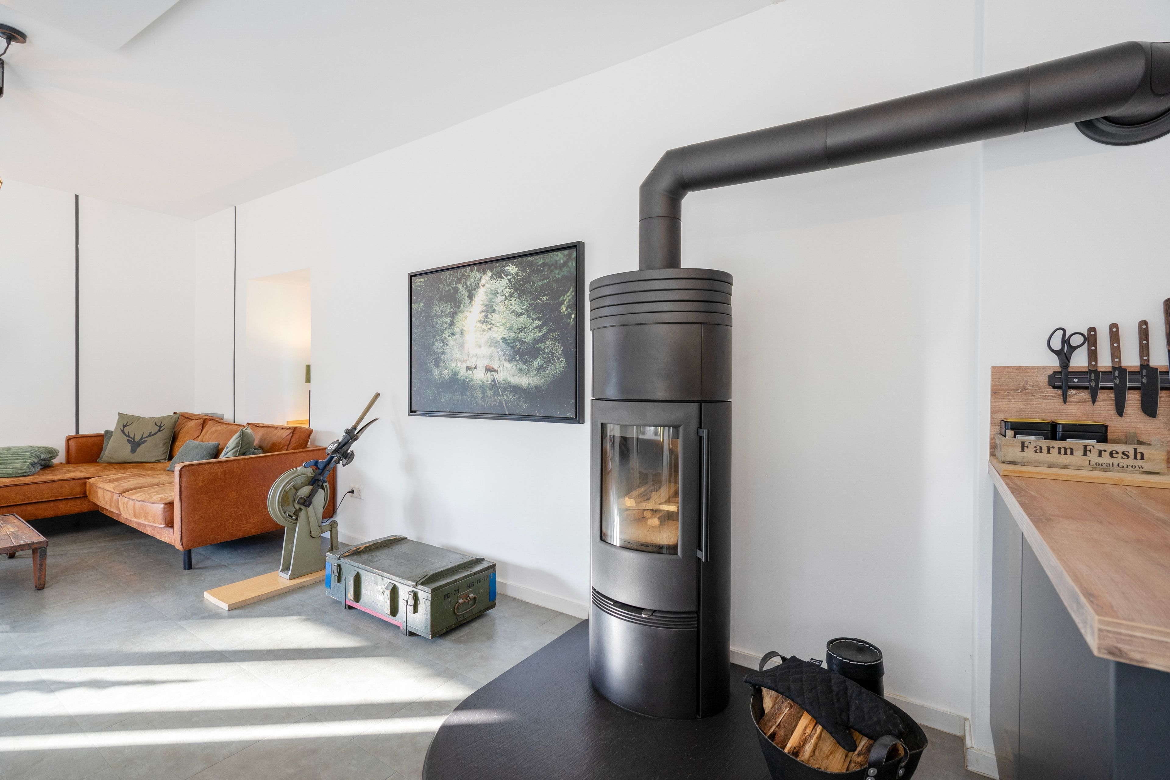 Ein modernes Wohnzimmer mit Kaminofen, einer Couch, einem gerahmten Bild und einem Messerhalter.