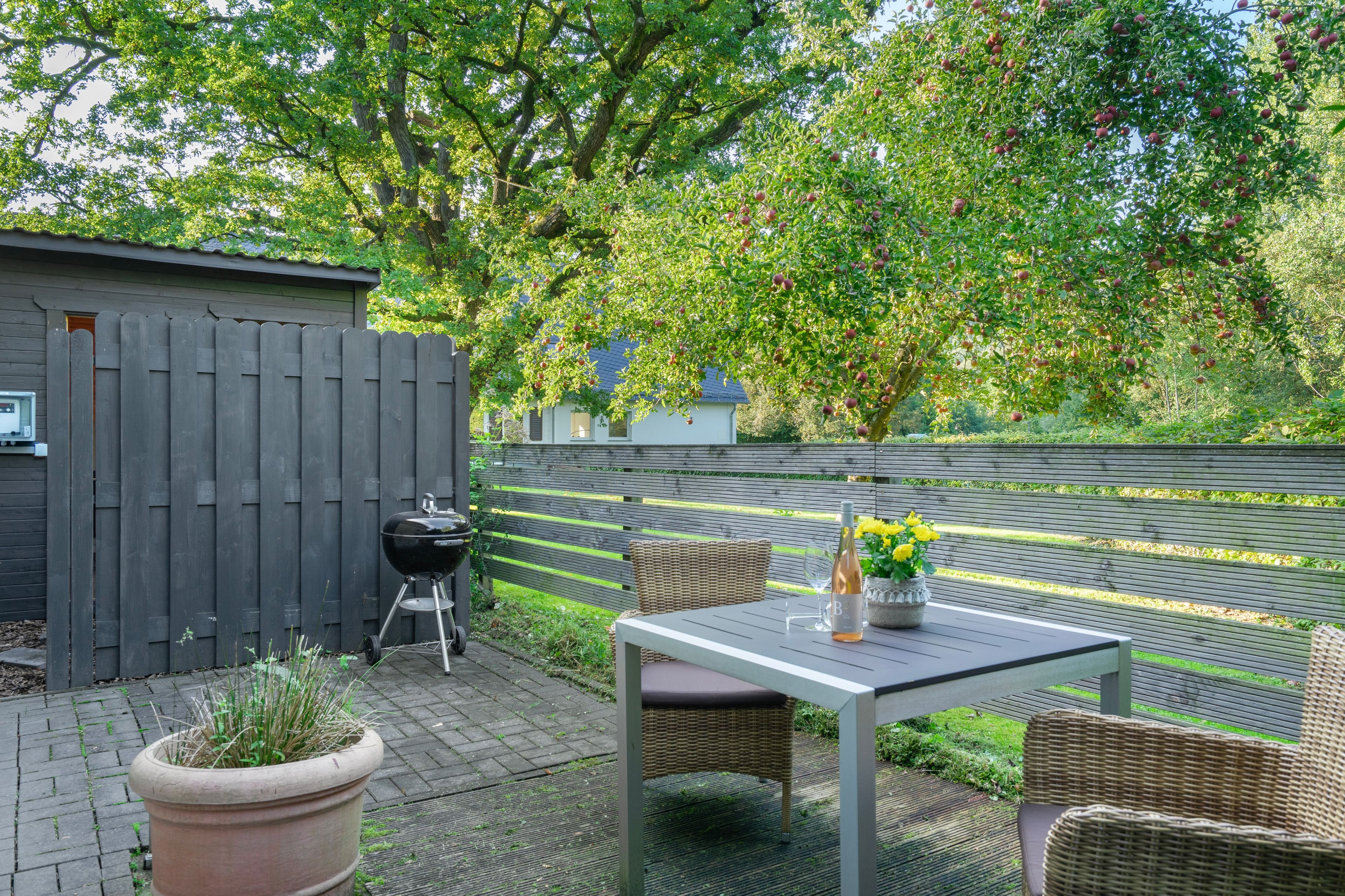 Eine Terrasse im Freien mit Tisch, Stühlen, einem Grill und einem Blumentopf.