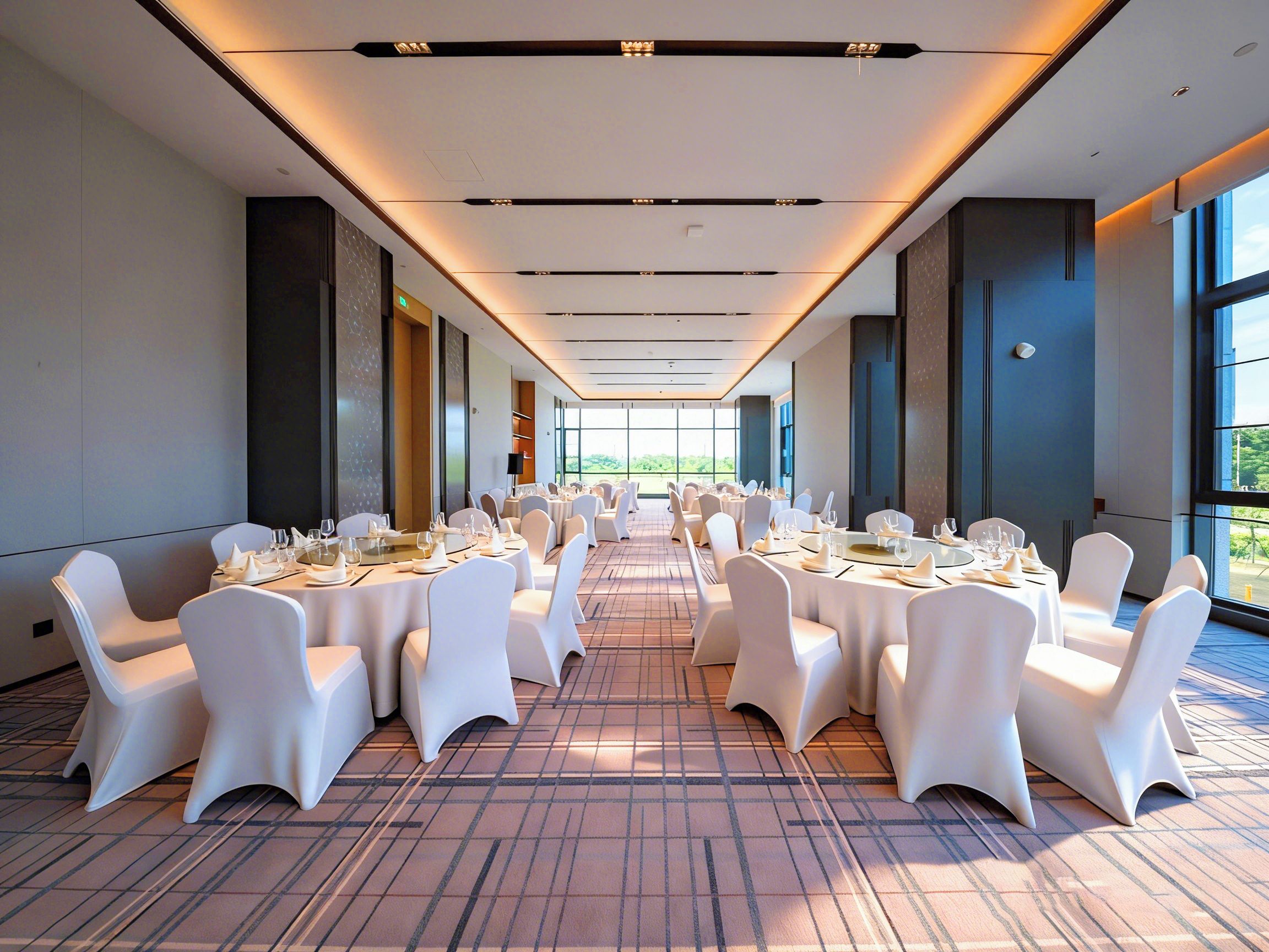 Un salón largo y bien iluminado con mesas dispuestas para comer, sillas blancas y ventanas amplias.