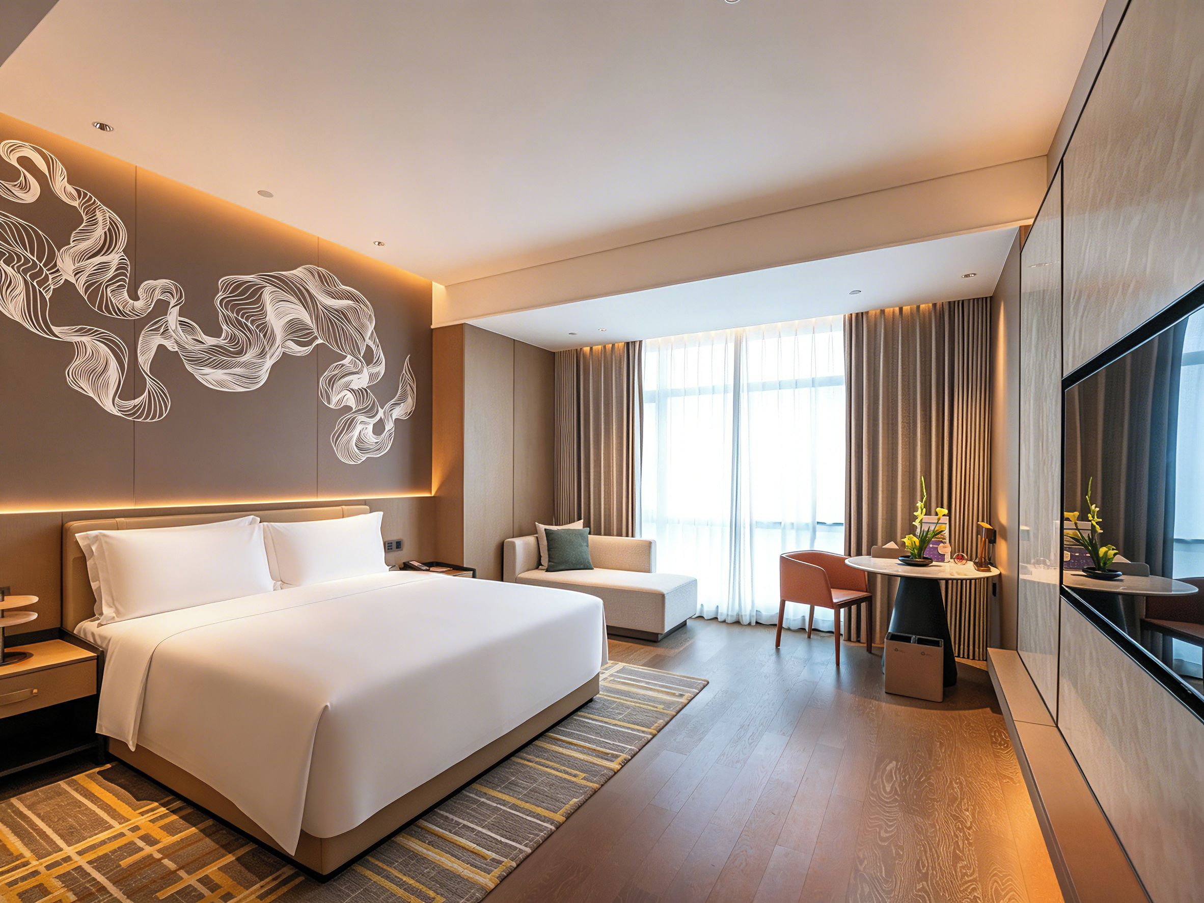 Una habitación de hotel moderna con una cama grande, un sofá, un comedor y un amplio ventanal con cortinas.
