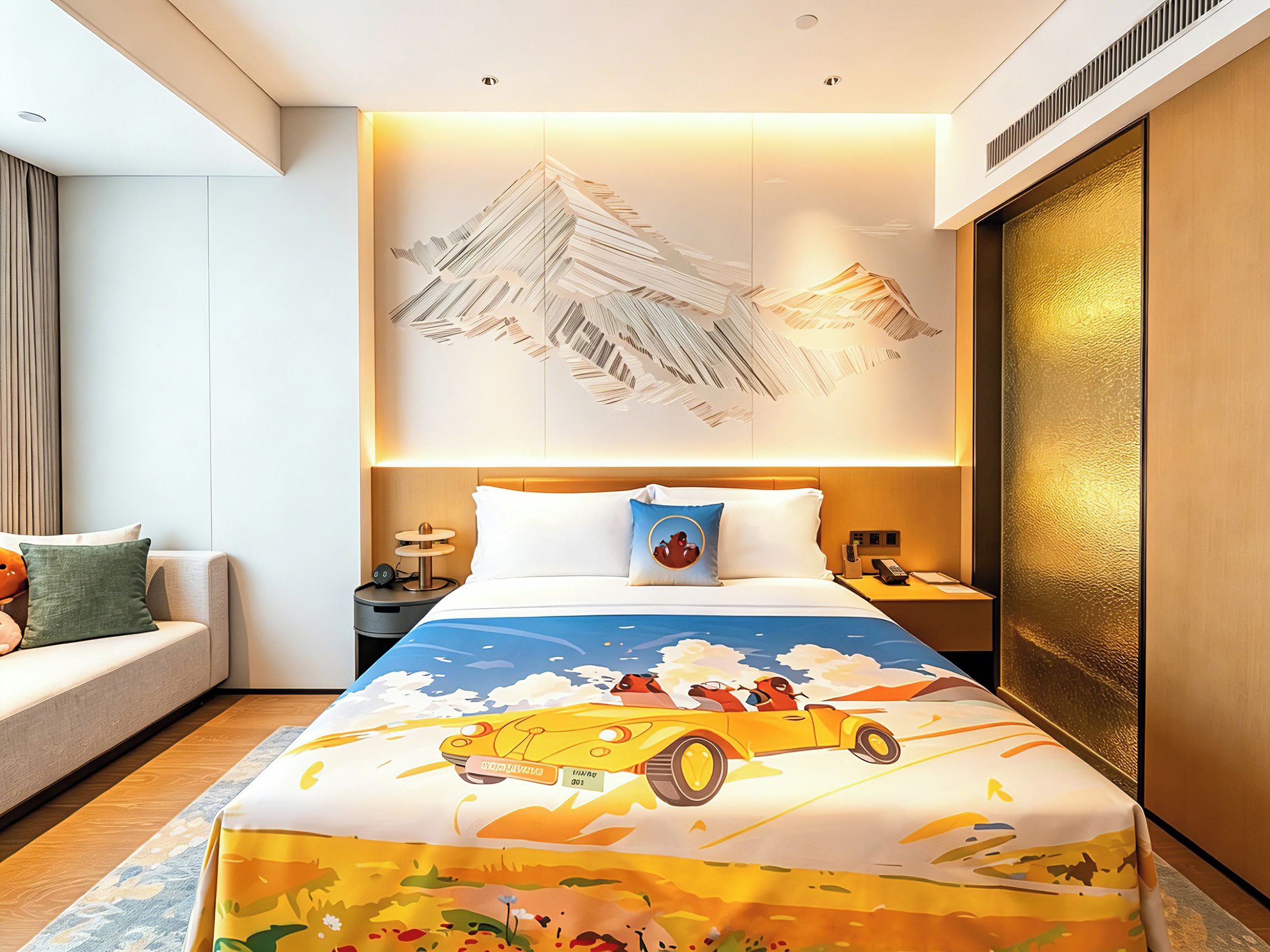 Habitación de hotel con una cama que presenta un diseño de auto y paisaje coloridos, una mesita de noche con lámpara y una gran obra de arte abstracto en la pared.