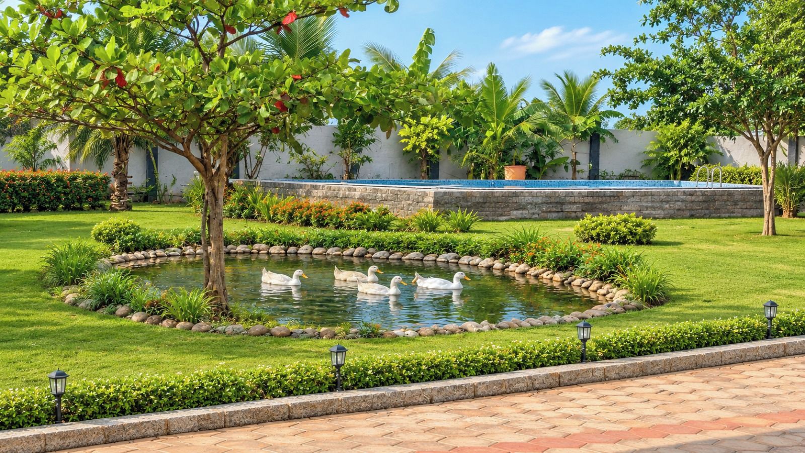 A landscaped garden with a circular pond, ducks, and a stone wall.