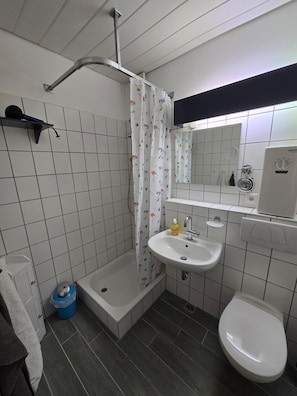 Une salle de bain équipée d’une douche, d’un lavabo, de toilettes et d’un miroir.