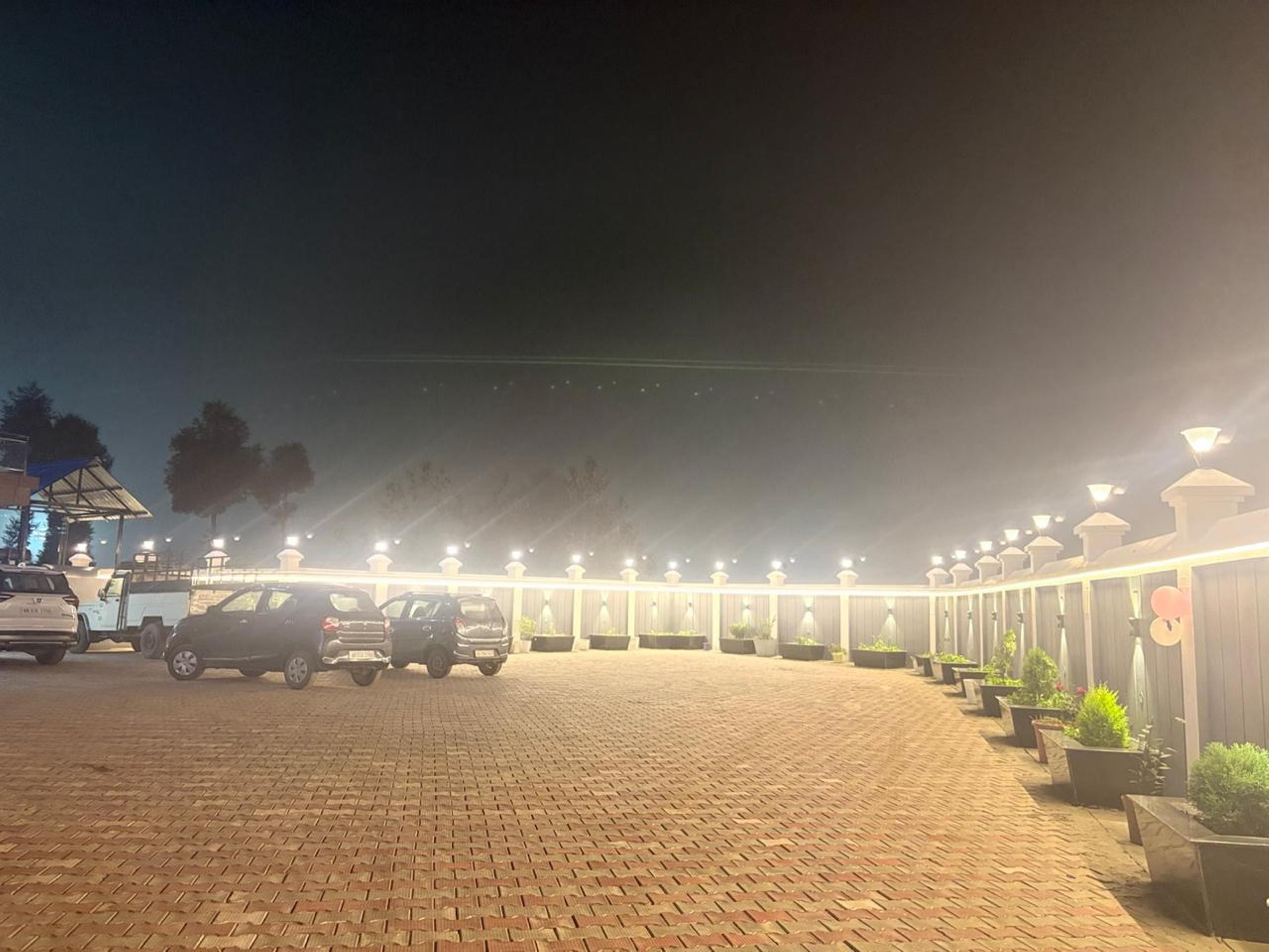 Zona d'aparcament asfaltada amb cotxes, filera de planters amb vegetació i un edifici amb façana il·luminada.