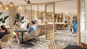 Decoração moderna com móveis de vime, espaço de bar e divisória de vidro.