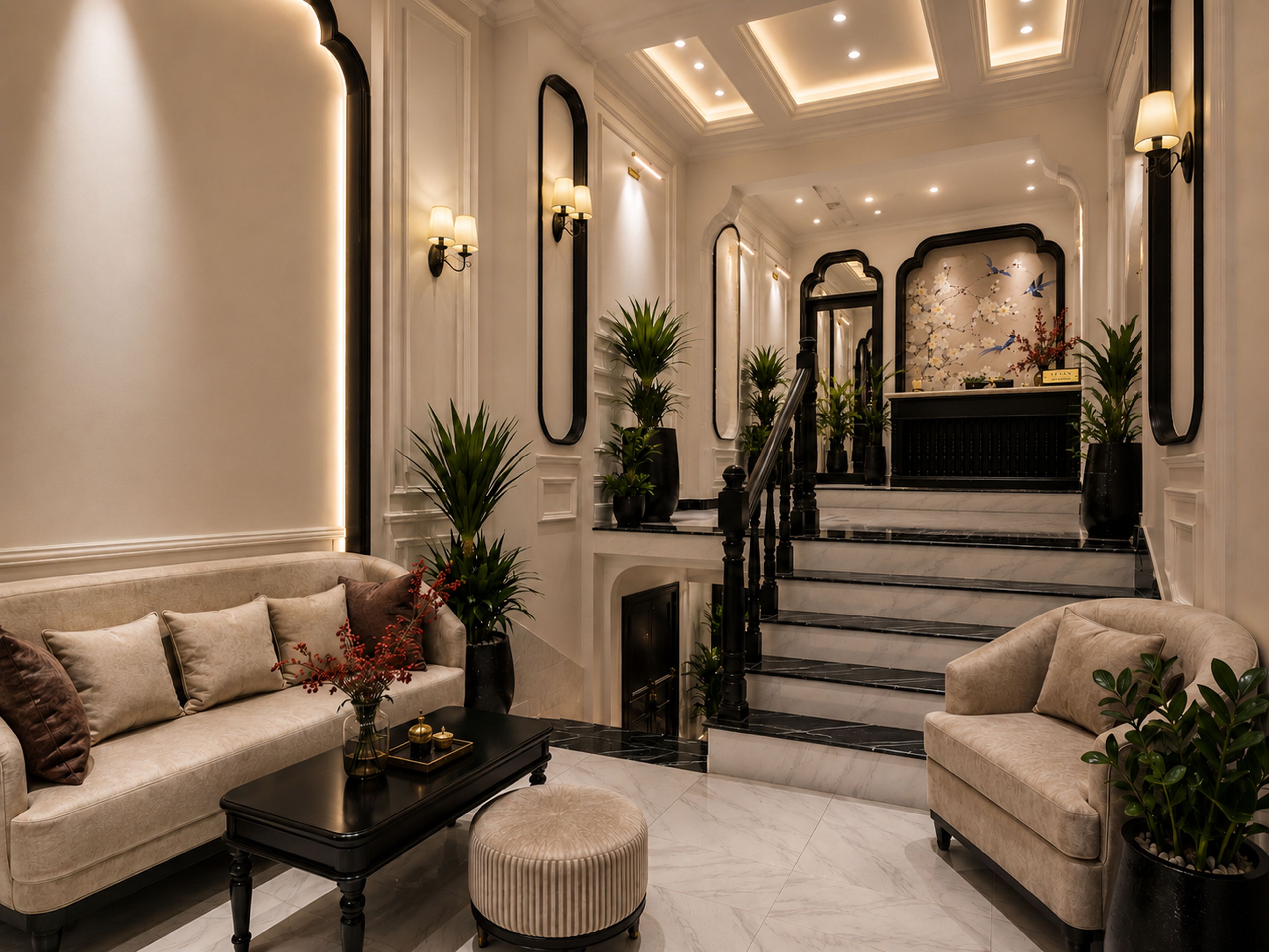Eine großzügige Lobby mit einer imposanten Treppe, einer Couch, einem Couchtisch und Zierpflanzen.