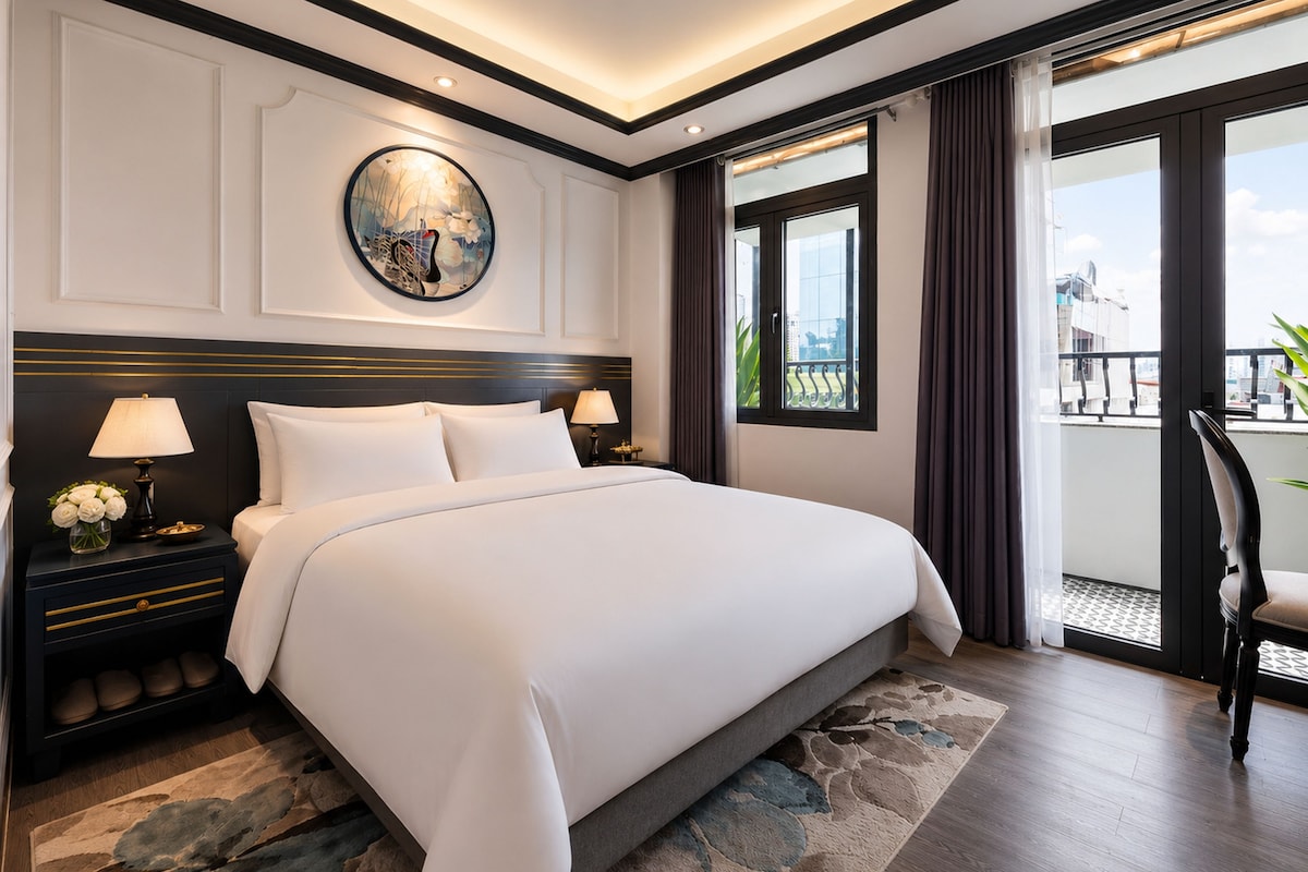 Quarto de hotel com uma cama grande, duas mesas de cabeceira com abajures, uma obra de arte redonda na parede, vista para o exterior através de uma janela e uma varanda com uma cadeira.