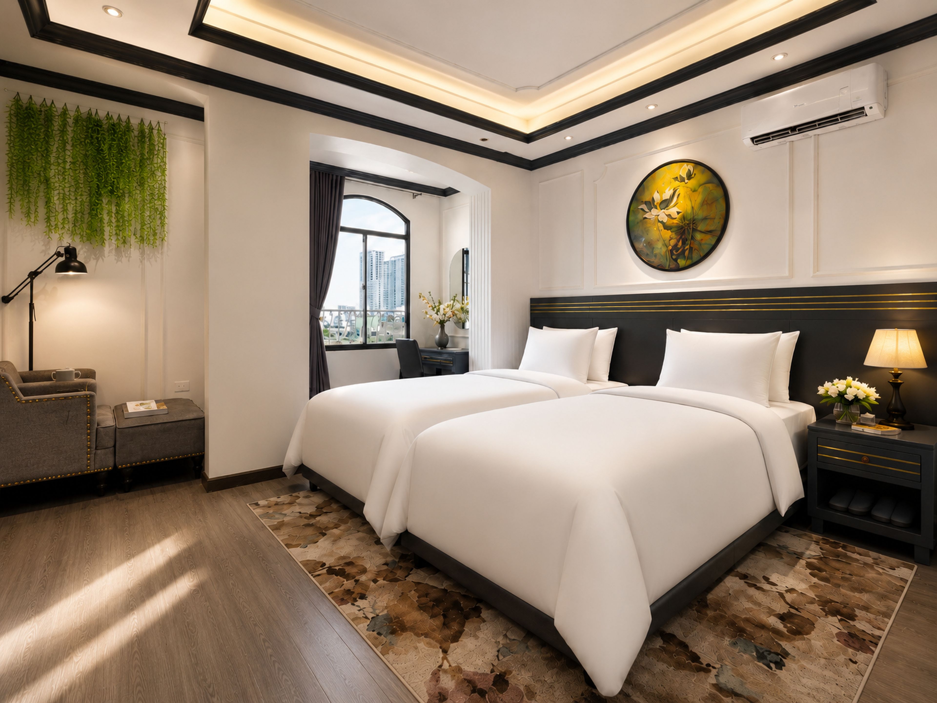Quarto de hotel com cama grande, escrivaninha, cadeira, luminária e vista da cidade.
