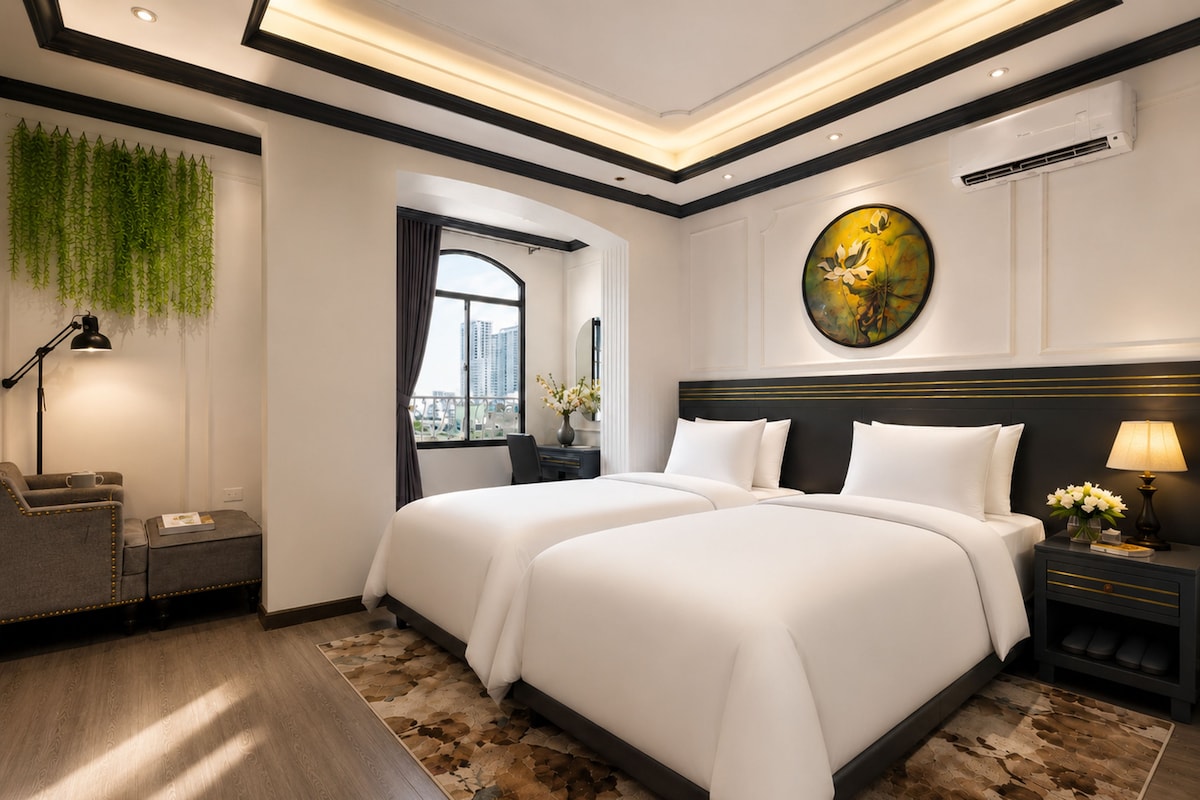 Quarto de hotel com cama grande, escrivaninha, cadeira, luminária e vista da cidade.