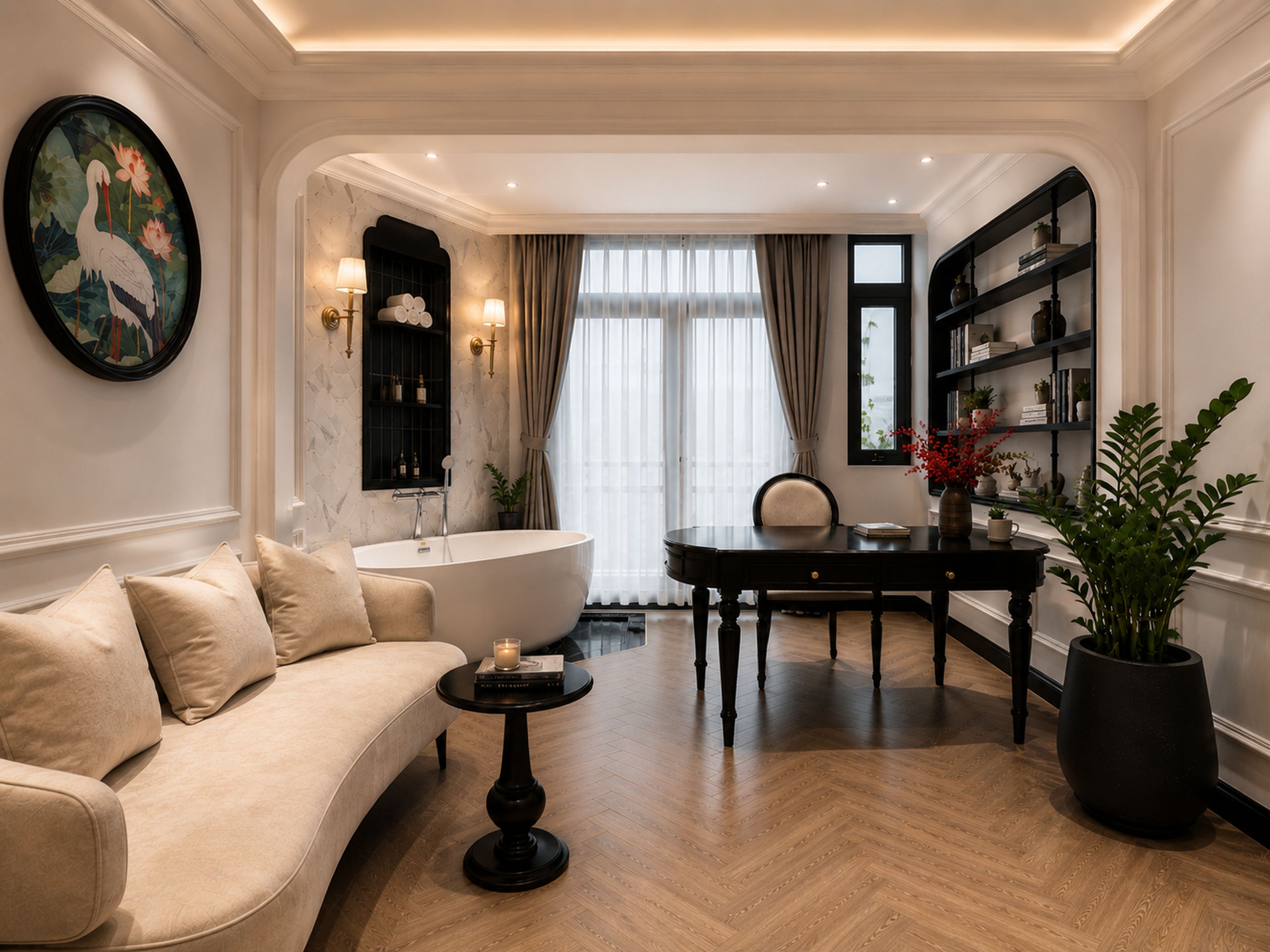 A modern living room with a sofa, a round table, a bathtub, and a bookshelf.