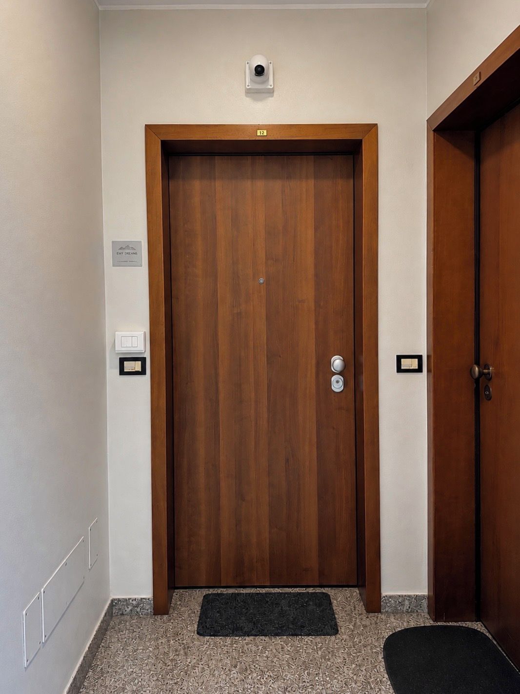 Uma porta de madeira com uma câmera de segurança acima, um tapete de entrada e um interruptor de luz na parede.