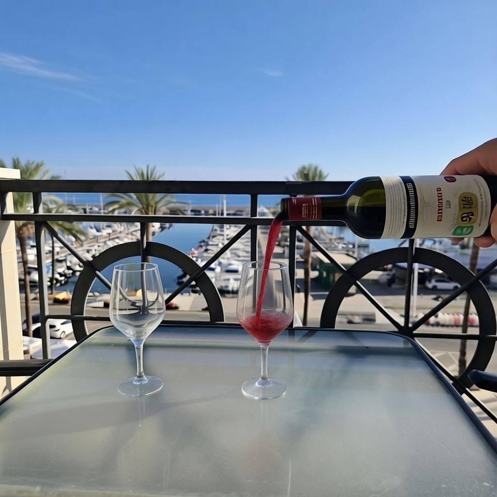 Une table en verre sur laquelle reposent deux verres à vin, dont l’un est rempli de vin rouge.