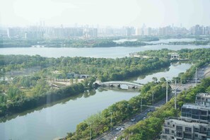 Um rio com uma ponte, cercado por vegetação e um horizonte urbano ao fundo.