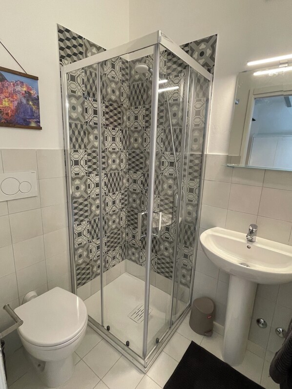 A bathroom with a glass-enclosed shower, a white sink, and a toilet.
