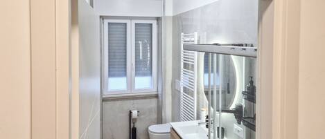 A modern bathroom with a toilet, a sink, and a glass shower enclosure.