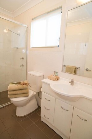 Un bagno con il water, un lavandino e una cabina doccia.