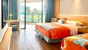 A hotel room with a bed, a desk, a chair, a TV, and a balcony with a view of palm trees. - South China (Sanya)