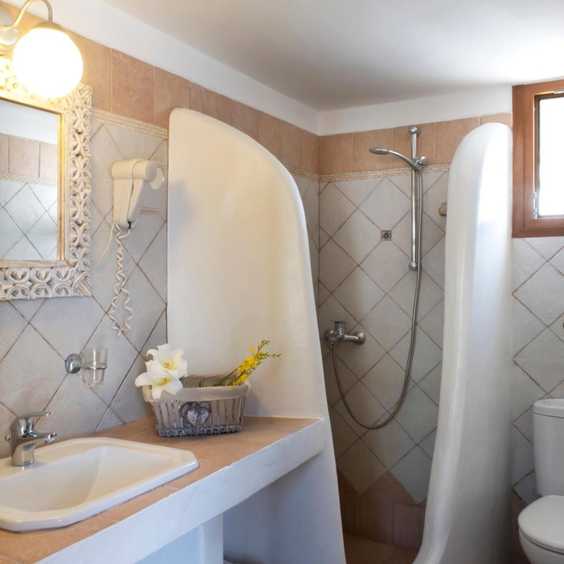 A bathroom with a sink, a mirror, a shower, and a toilet.