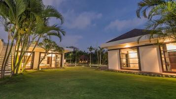 A modern house with a spacious lawn, large windows, and palm trees.