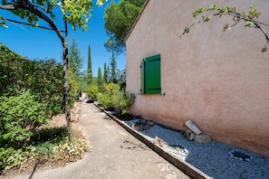 A narrow pathway leading to a building with a green shuttered window.