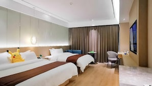 A hotel room with two beds, a desk, a chair, and a large window. - GYA Jurong Yinglun International Hotel (Zhenjiang)