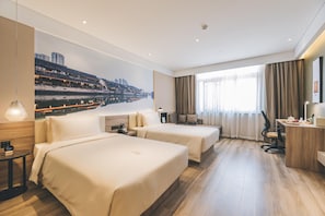 A hotel room with two beds, a desk, a chair, a large window with curtains, and a cityscape mural on the wall. - Atour Hotel (Jiaxing)