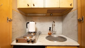 A compact kitchenette with a stove, kettle, sink, and wooden cabinets. - San Jacopo Top (Florence)
