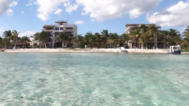 Une propriété située en bord de mer, avec une eau cristalline, des palmiers et un bâtiment à plusieurs étages.