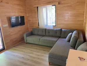 Quarto com painéis de madeira, sofá cinza, televisão de tela plana na parede e janela com cortinas leves.